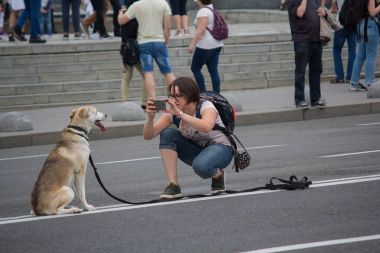 Kiev, Ukrayna - 09 Temmuz 2017: Kadın şehir merkezinde bir yolda bir Mongrel fotoğraflarını çekiyor