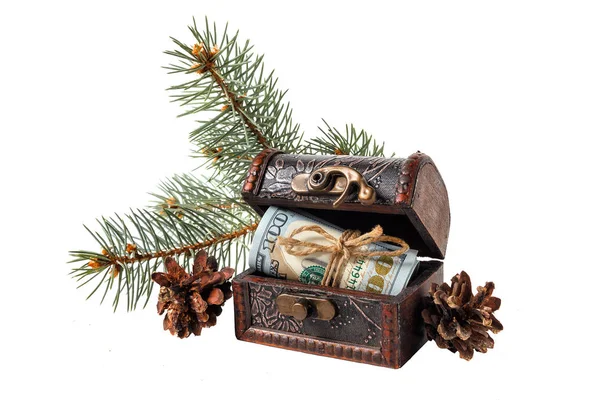 Peti retro dengan uang dolar, cabang pinus dan kerucut terisolasi pada latar belakang putih. Natal — Stok Foto