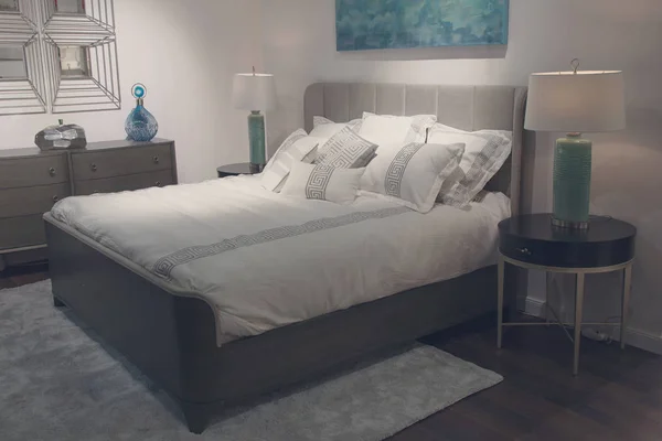 Furniture is modern bedroom in beige tones. Interior — Stock Photo, Image