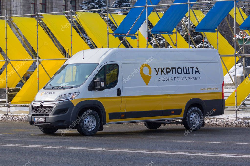Kiev, Ukraine - February 25, 2018: New Car delivery of Ukrainian mail at the Independence Square