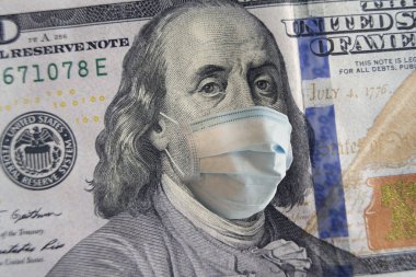 Yüz maskeli 100 dolarlık banknot. Dünya krizi