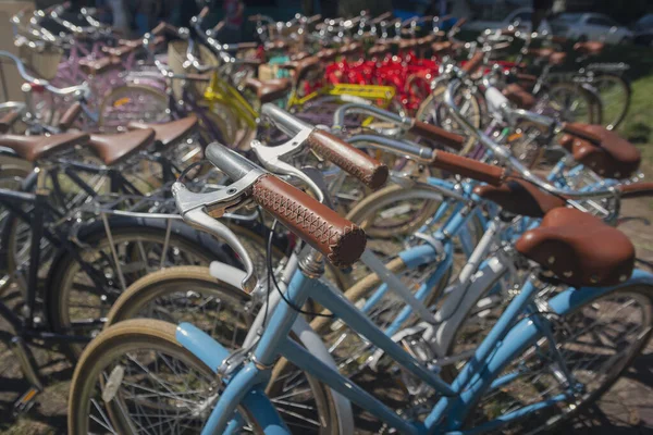 Πολύχρωμες Ρετρό Ποδήλατα Στέκονται Μια Σειρά Μεταφορές — Φωτογραφία Αρχείου