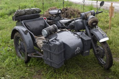 Kiev, Ukrayna - 09 Mayıs 2019: Alman retro motosiklet II. Dünya Savaşı tarihi yeniden yapılanma festivalleri