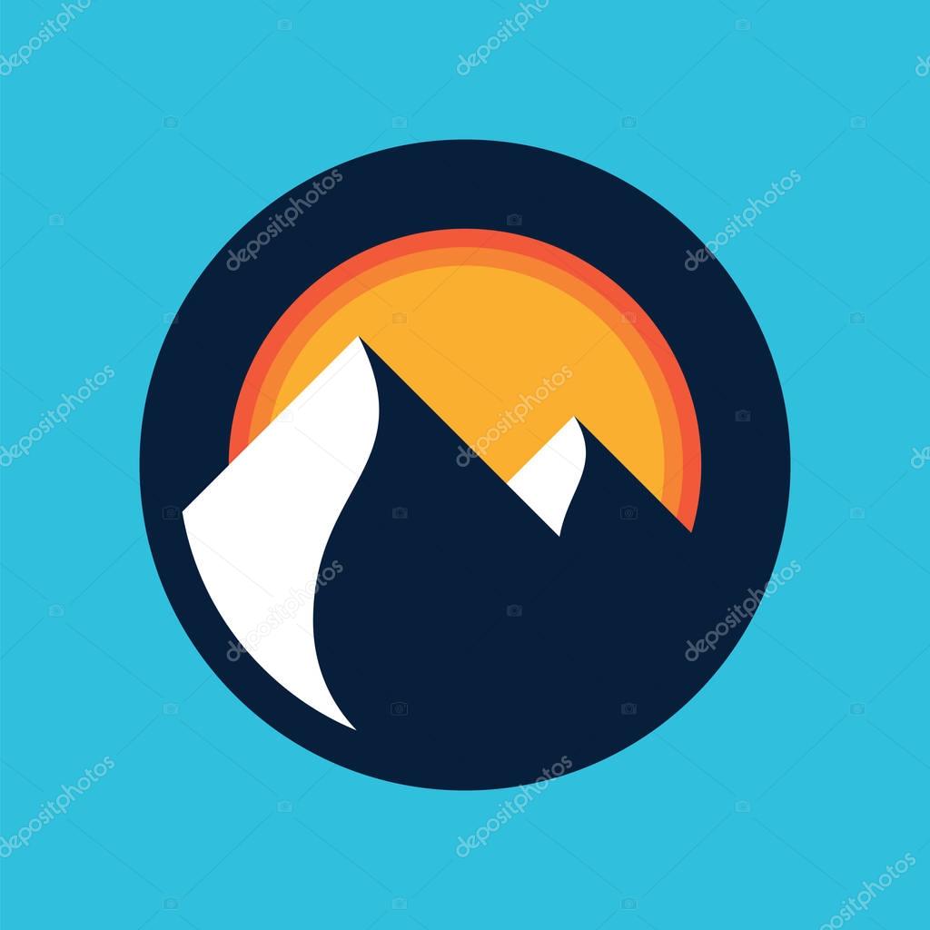 Mountains vector icon on blue background.