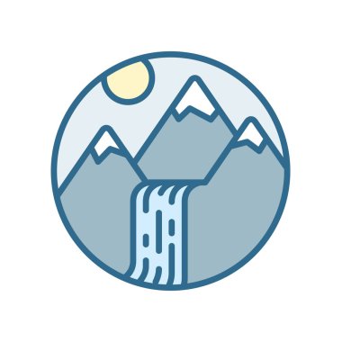 Dağ şelale. Renkli düz tasarım simgesi.