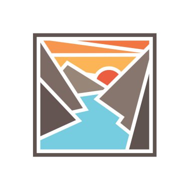 Dağ ve nehir manzara. Vektör simgesi.