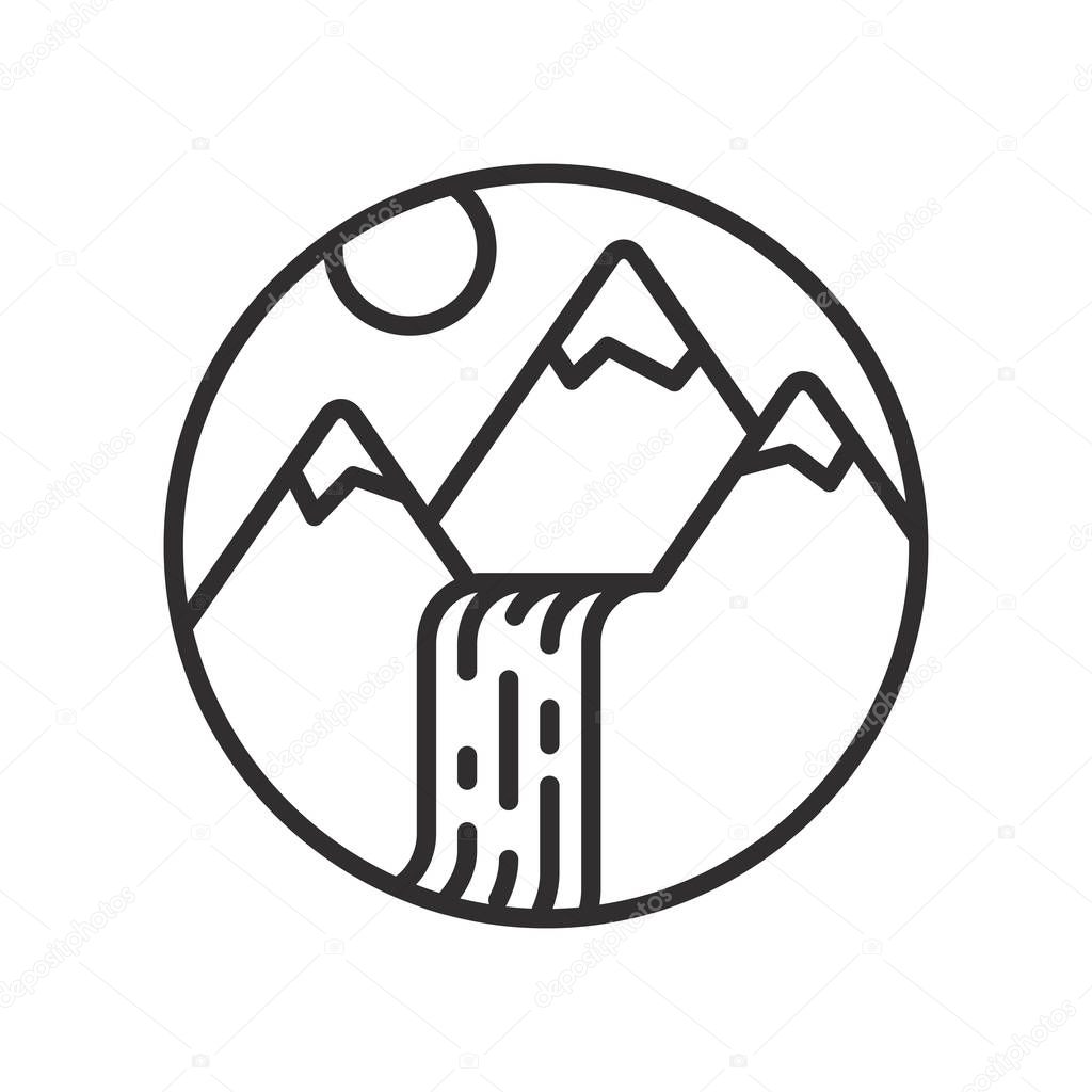 Mountains and waterfall linear icon isolated on white background.