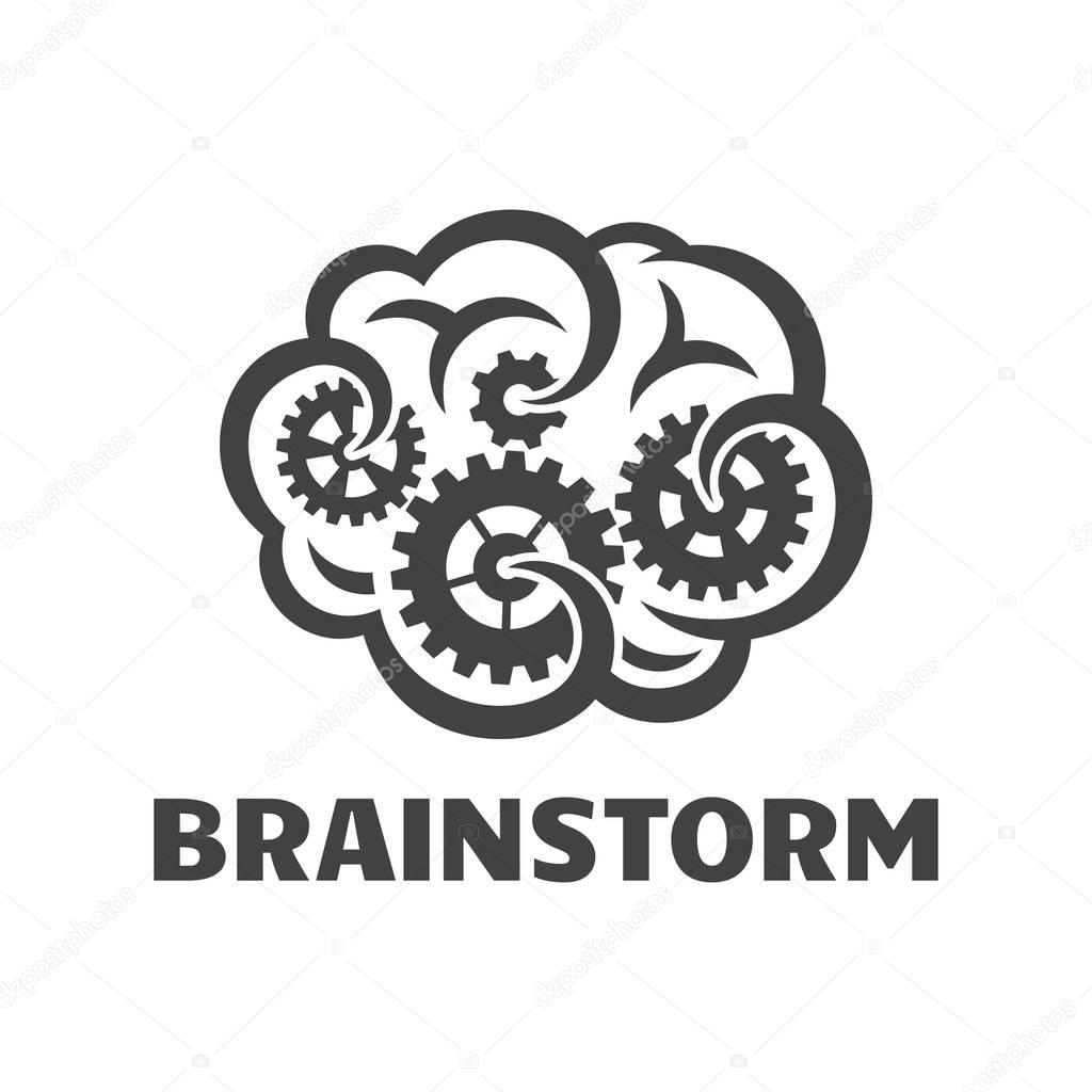Brain and gear icon, brainstorm concept isolated on white background.