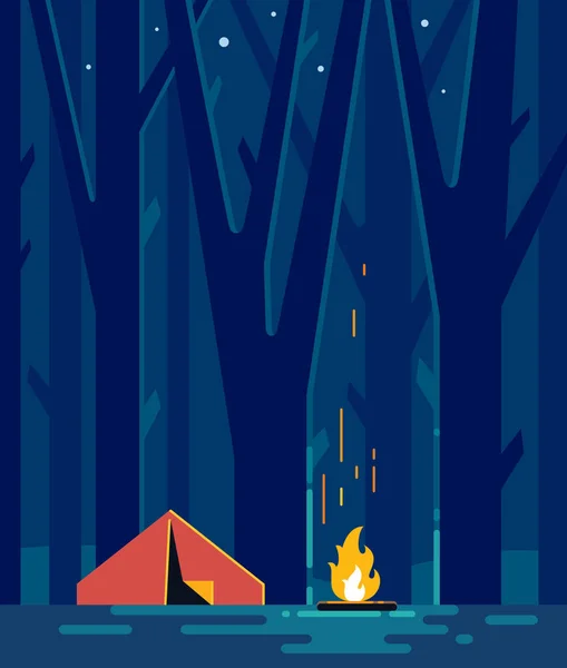 Waldcamping in der Nacht. Vektorillustration. — Stockvektor