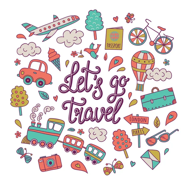 Let's go travel. Hand drawn colorful illustration, travel icons set. — Stock Vector