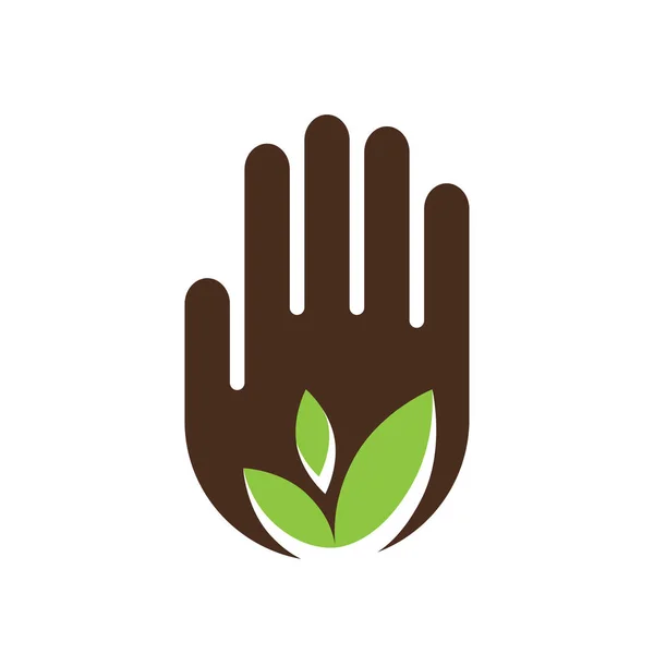 Menselijke hand en groene bladeren, vector pictogram. — Stockvector