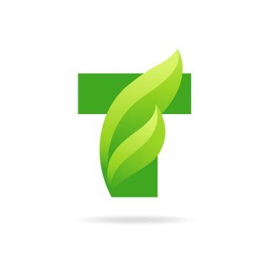 T simgesi yeşil yaprakları ile. Vektör eko tasarım.