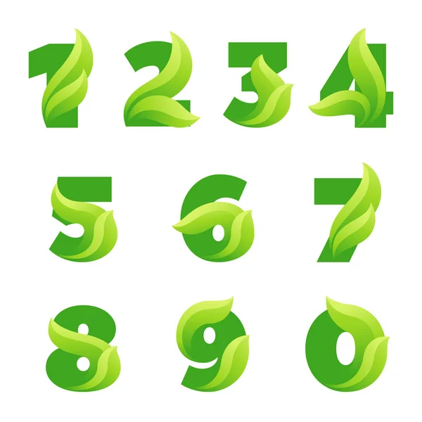 Numbers set with green leaves. Vector eco design. — Stock Vector