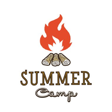 Elle çizilmiş kamp ateşi tipografi rozeti. Yaz kampı illüstrasyon.