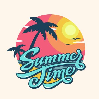 Tropikal peyzaj yaz saati yazı ile. Vektör çizim.