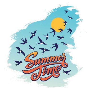 Yaz saati. Güneş ve gökyüzünde uçan kuş sürüsü ile yazı illüstrasyon.