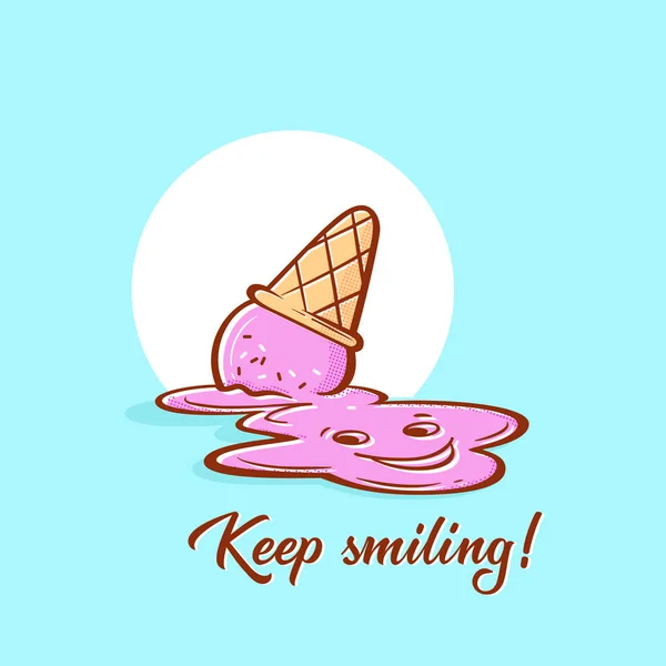 Sigue sonriendo. El cono de helado cae al suelo. Ilustración vectorial . — Vector de stock