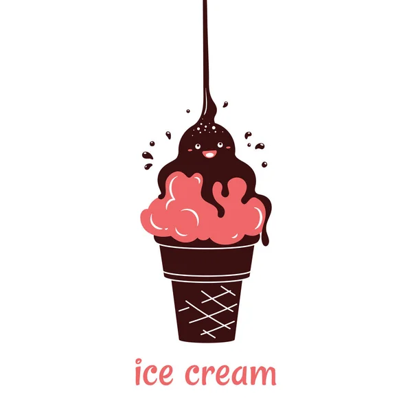 Vector illustration of cartoon ice cream cone pour chocolate. — Stock Vector