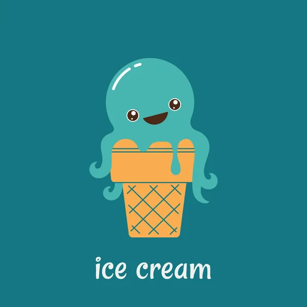 Vector illustration of cone with cartoon ice cream octopus. — Stock Vector