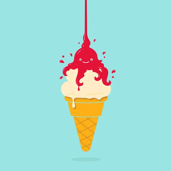 Illustrazione vettoriale del cono gelato cartone animato versare sciroppo di frutta . — Vettoriale Stock