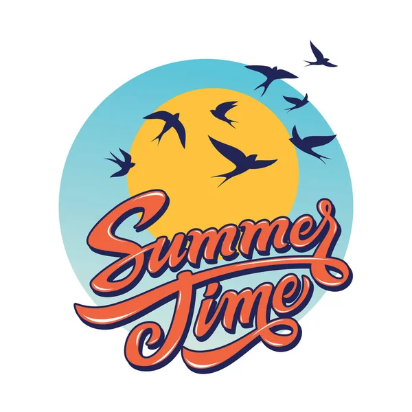 Letní čas. Nápis obrázek slunce a hejna ptáků letící na obloze. — Stockový vektor