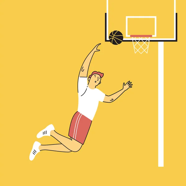Il giocatore di basket lancia la palla nel cestino. Illustrazione vettoriale . — Vettoriale Stock