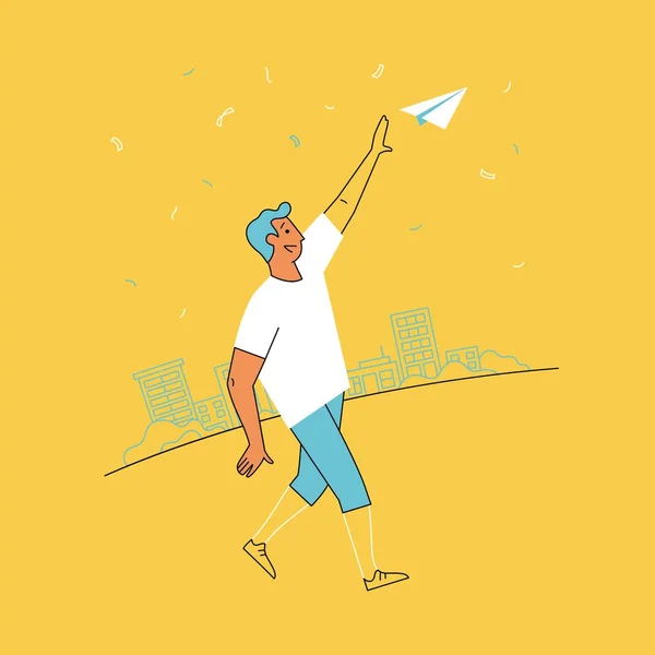 Homem lança avião de papel. Ilustração vetorial . — Vetor de Stock