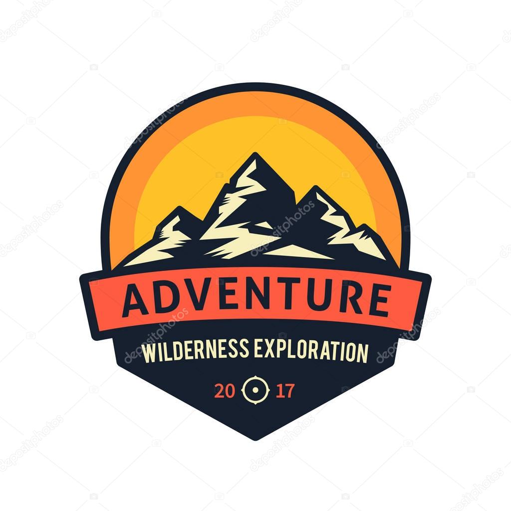 Adventure wilderness exploration. Mountains vector icon isolated on white background.