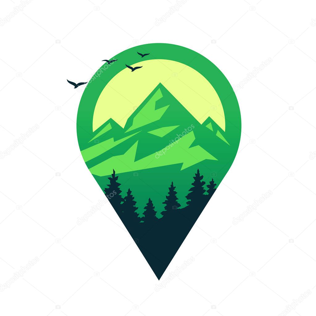 Map pin with mountains, vector icon isolated on white background.
