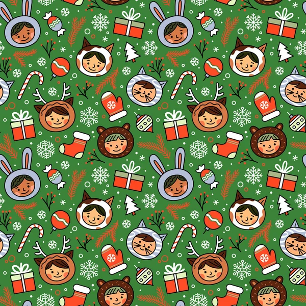 Vector seamless pattern with funny children for New Year 's party with Christmas decor . — стоковый вектор
