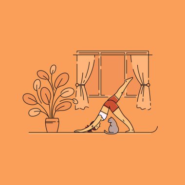 Evde kedisiyle yoga yapan genç bir kadın. Vektör illüstrasyonu. 