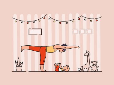 Evinde çocuğuyla yoga yapan genç bir kadın. Anne, küçük bebeğiyle evde egzersiz yapıyor. Düz vektör illüstrasyonu.