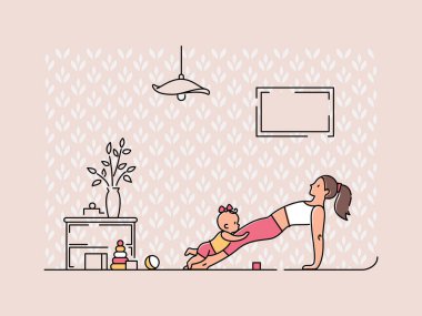 Evinde çocuğuyla yoga yapan genç bir kadın. Anne, küçük bebeğiyle evde egzersiz yapıyor. Düz vektör illüstrasyonu.