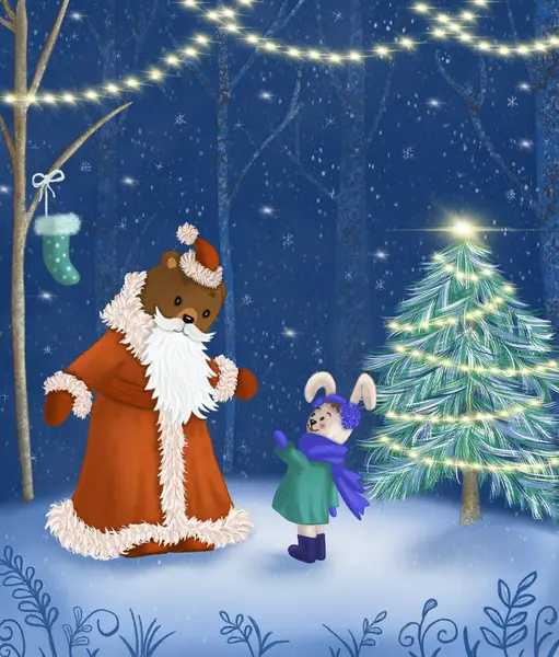Cute illustration. Bunny and bear celebrate New Year in the forest. Bear in a suit of Santa Claus