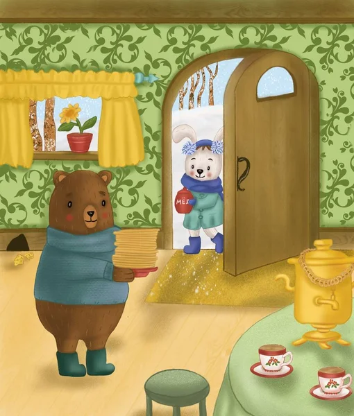 Cute illustration. Shrovetide. The bear greets guests with pancakes and a samovar. Bunny brought a bear a jar of honey.