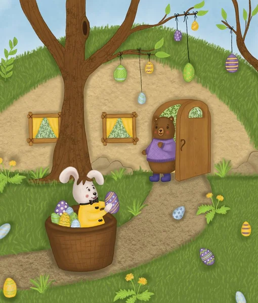 Cute illustration. Easter bunny brought eggs to the bear
