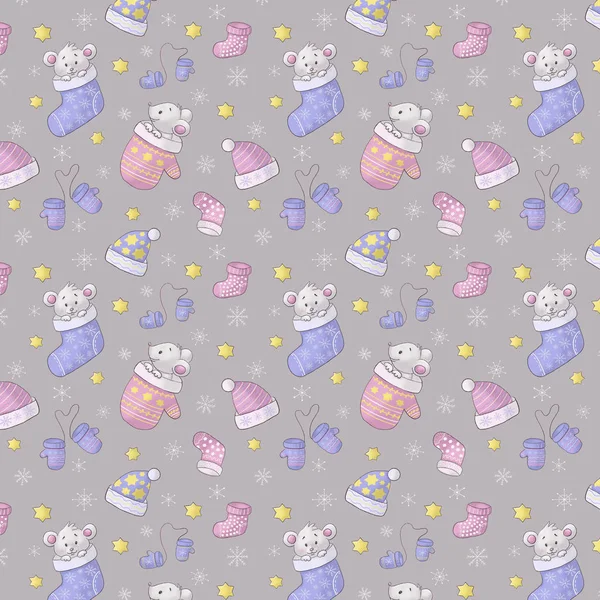 Seamless pattern with mice, socks, mittens, snowflakes.