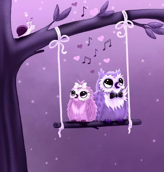 Cute illustration. Cute owls sit on a tree and sing a love song in the dark at night.
