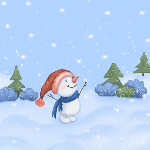 Cute illustration. Winter. Snowfall. Snowman walks in a snowy forest.