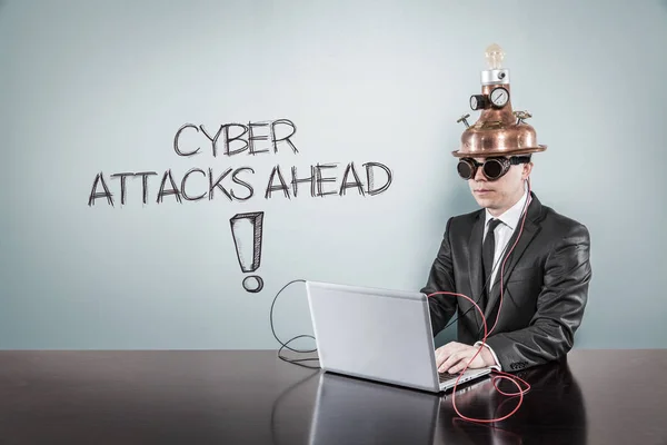 Cyberattacker ahead text med vintage affärsman med laptop — Stockfoto