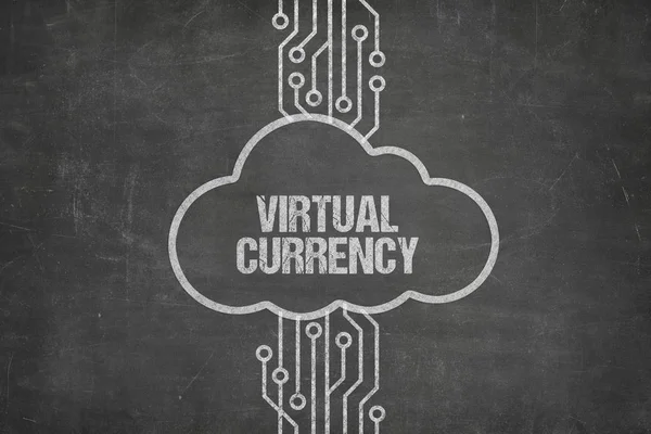计算机网络连接虚拟货币在黑板上的云 — 图库照片