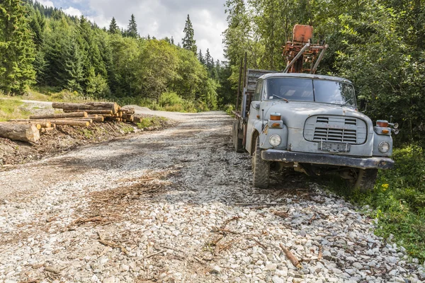 Transporte en camión viejo de madera en el lado de la carretera . — Foto de Stock