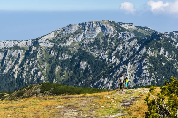 산에 가신에 모자에 있는 여행자. — 스톡 사진