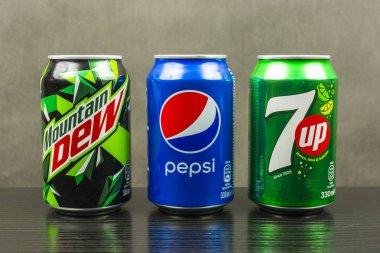 Beverage cans produced by Pepsico - Mountain Dew, Pepsi, 7up. clipart