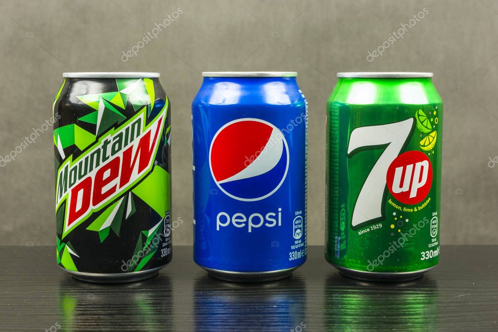 Niedomice, Poland - March 06, 2018: Beverage cans produced by Pepsico - Mountain Dew, Pepsi, 7up.