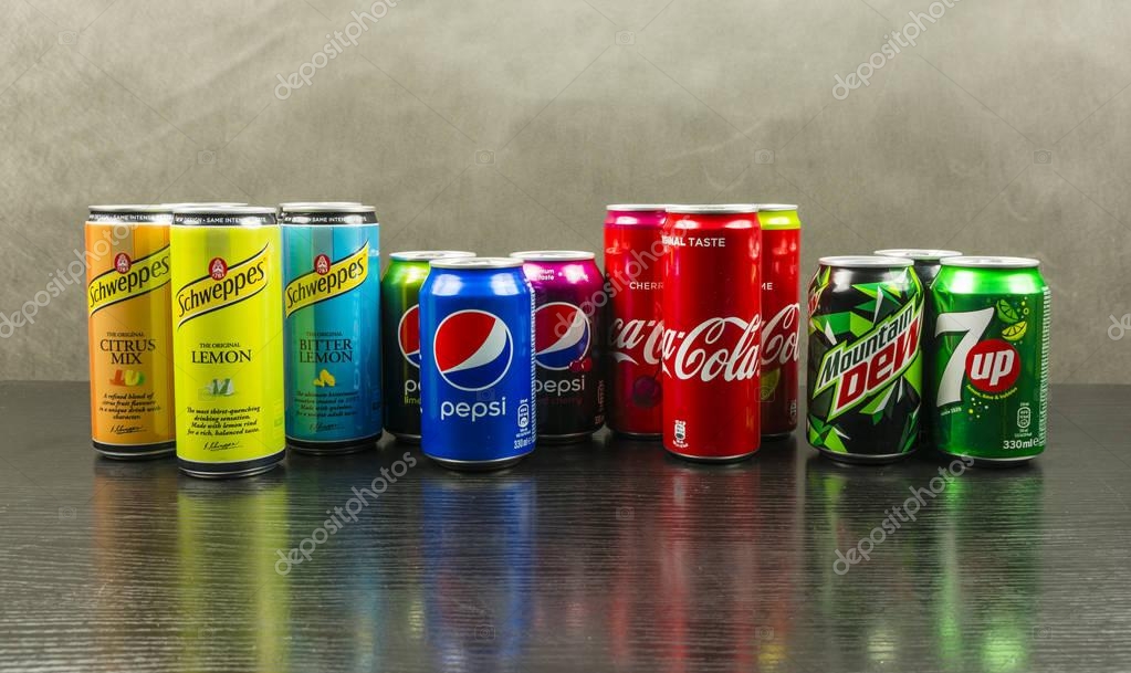 Niedomice, Poland - March 06, 2018: A set of cans with various carbonated soft drinks.