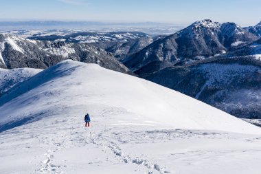 Wanderer geniş sırt ve takdire şayan dağ zirveleri karlı ridge iner.