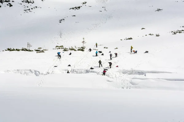 Winter mountaineering course. Training extends the partner from the crevasse in the glacier or ice sheet. — Stock Photo, Image