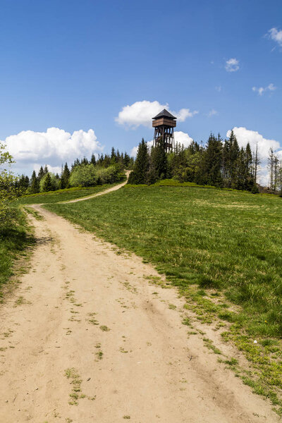 Lookout tower for tourists on the top of Luban in Gorce mountains.