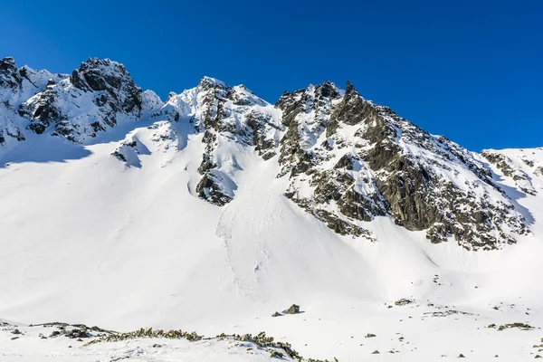 Słoneczny Dzień Wycieczce Dolinie Góry Pokrywą Śnieżną Tatry Polska — Zdjęcie stockowe